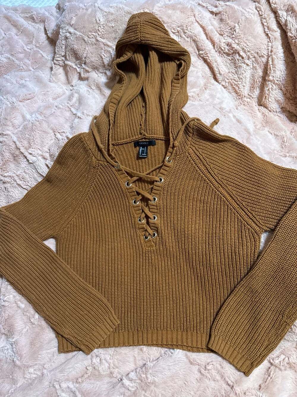 Forever 21 Lace-Up Knit Hoodie Sweater Brown Size Small